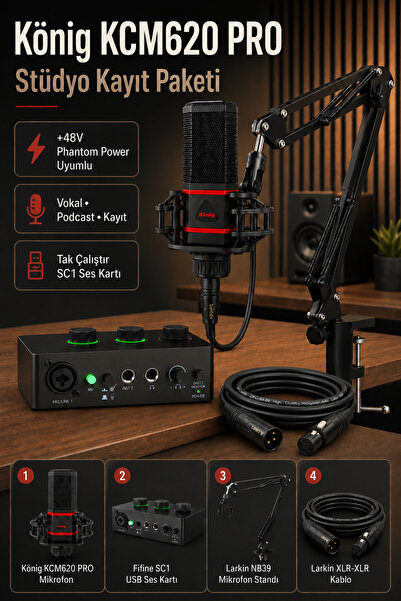 Larkin König KCM620 PRO Stüdyo Kayıt Paketi USB Ses Kartı Mikrofon Standı ve ...