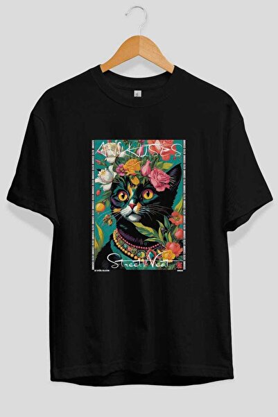 Ankhises Μπλουζάκι  "For the Love of Cats " με 83 σχέδια γάτας, μαύρο, oversi...