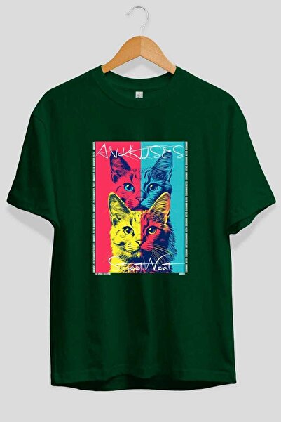 Ankhises For the Love of Cats 67 Front Cat Printed Green Oversize T-Shirt 100...