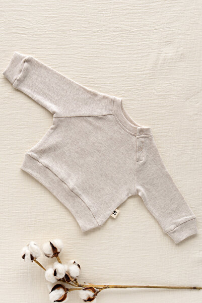 Mimu Baby %100 Pamuk Omuzdan Çıtçıtlı Melanj Waffle Sweat - Bej