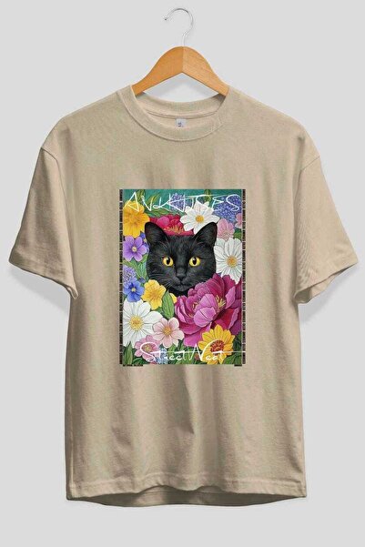 Ankhises For the Love of Cats 109 Front Cat Printed Beige Oversize T-Shirt 10...
