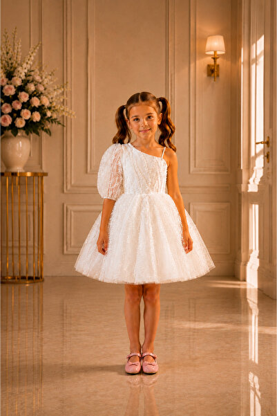 She Dress By Kubra Aksoy SheDress Tek Omuz Pul Payet İşlemeli Beyaz Kız Çocuk...