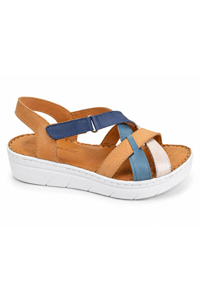 Castle Black Gardenia Beige -Blue Detailed- Genuine Leather Women's Sandals