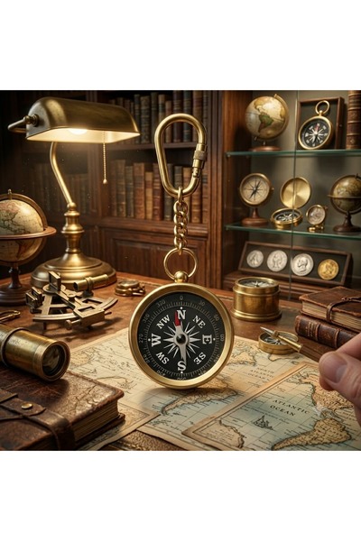Kuzey Tacı Pirinç Gemici Pusulası Tasarımlı Anahtarlık Denizci Temalı Retro A...