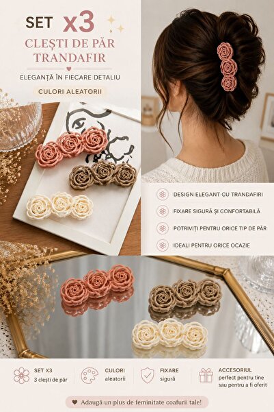 V.V LOVE 🌹 Set 3 Clești de Păr Trandafir – Culori Aleatorii