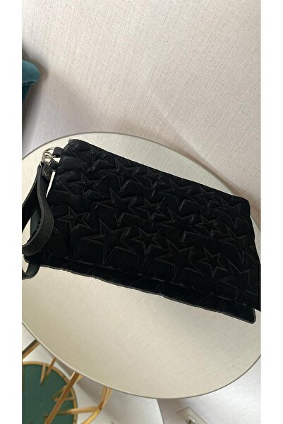 Yıldız Desenli Siyah Parlak Portföy & Clutch Çanta Çıkarılabilir Bileklik Askılı