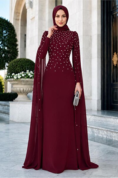 TRENDTESETTÜR KADIN BORDO TÜL PELERİNLİ ABİYE ELBİSE T 9463