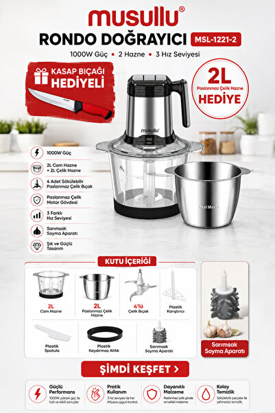 Musullu MSL-1221-2 1000W Çift Hazneli (Cam+Çelik) Rondo Doğrayıcı - Kasap Bıç...