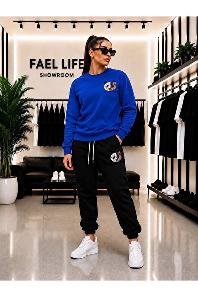 FAEL LİFE Unisex Wide Cut Zero Neck and Sweatpants Colorful Panda Printed Set