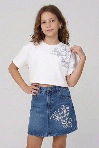 DMB KİDS Girl's embroidered denim skort shorts dmb-0792