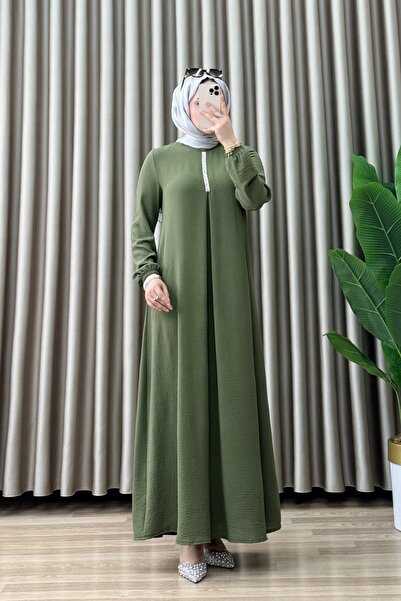 ALYA ZÜLAL ELBİSE Ayrobin Kumaş Kadın Haki Yaka Yapıştırma Taş Detaylı Tesett...