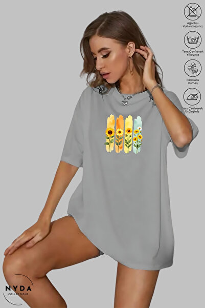 Nyda Collections Tricou de damă cu mânecă scurtă, supradimensionat, din bumba...