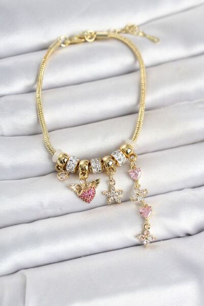 Generic Brand Brass Gold Color Heart and Flower Detailed Charm Women's Bracelet
