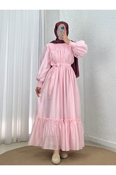 MİHRA STORE Aypare Voile Dress with Gathered Chest and Sleeves-Pa9887 Pink