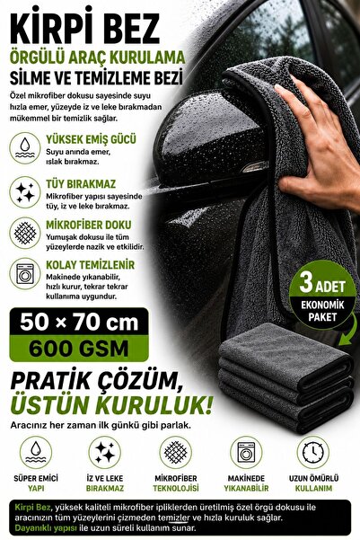 HR PAK 50x70 cm 3 adet Kirpi Bez Profesyonel Oto Kurulama Bezi Bükümlü İplik ...
