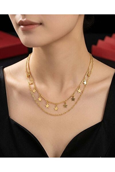 Melisa Takı & Aksesuar 14K Çelik GOLD Renk İki Zincirli Kolye