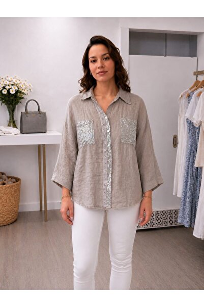 MARE BUTİK Sequin-Pocketed Pure Linen Shirt-Mink