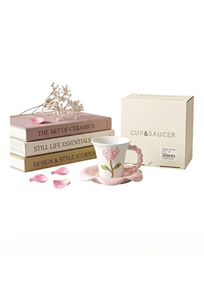 wafra store 3D Embossed Rose Design Ceramic Cup and Saucer Set - White and Pink