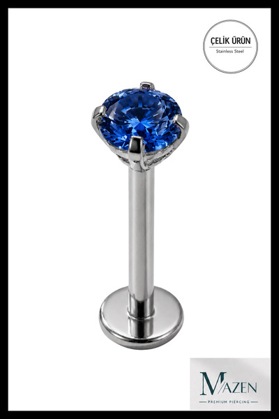 MAZEN 3 mm Saks Mavi Taşlı, 6 mm Kısa Barlı, Cerrahi Çelik Piercing Tragus He...