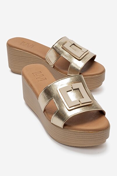 LuviShoes Hiola Gold Genuine Leather Buckle Women's Wedge Heeled Slippers