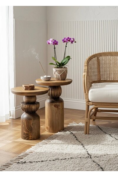 ASELYA HOME Doğal Ahşap 2’li Set Yan Sehpa Modern Fiskos Çiçeklik