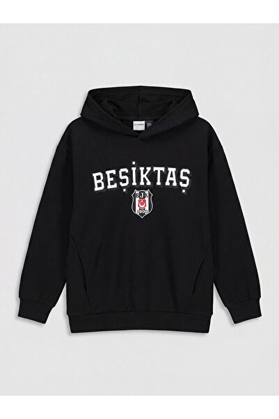 LC Waikiki LCW Kids Siyah Kapüşonlu Beşiktaş Baskılı Erkek Çocuk Sweatshirt