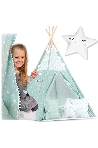 NUKIDO Cort tip teepee pentru copii cu lumini - verde mentă cu stele
