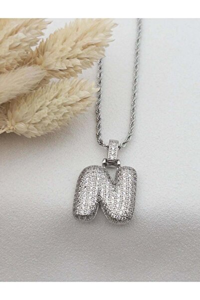 Haziran Accessory Balon Model Large Letter, Silver Steel Women's Necklace