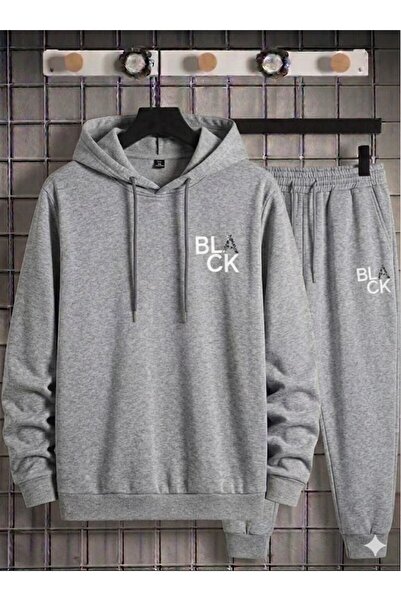YK WEAR Black and Gray Hooded Black Printed Sweat Unisex Set