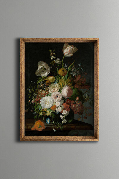 epiqart Tulips and Peonies in Glass Vase - Vintage Patterned Frame - Slim Model