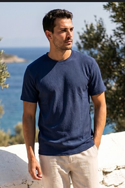 Azıcık Akıllı Men's Navy Blue Plain Basic Flexible Crepe Wrinkle Fabric Thin ...