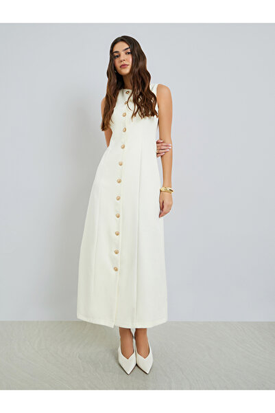 Styli Cream Sleeveless Maxi Dress with Button Detail