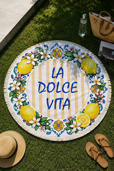 milroma La Dolce Vita Lemon Patterned Blue Yellow Round Beach Towel 150 cm