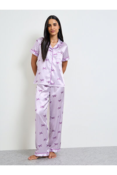Take Two By Styli Purple Bow Print Striped Shirt and Pyjama Set