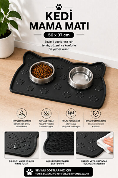 Black Gold Kedi Beslenme Paspası Kedi Mama Matı Figürlü Yıkanabilir 56x37