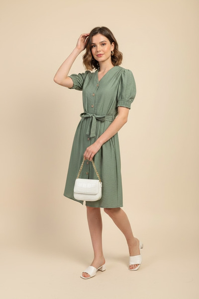 Pitti Rochie de damă, verde, cu aspect de in, cu curea, cu nasturi și mâneci ...