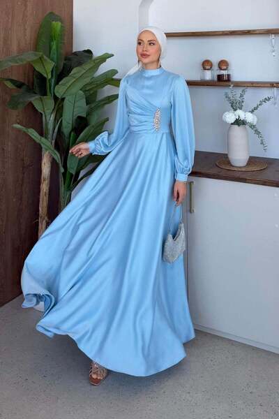 Hazamoda Mihrimah Satin Evening Dress Baby Blue