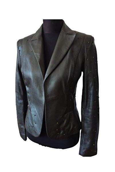 asus deri Women's Brown Genuine Leather Beaded Embroidered Blazer Jacket