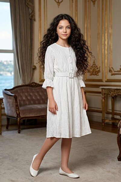 ABİYEKİDS Buttoned Belted Wrinkled Fabric Holiday Dress for Girls Aby259