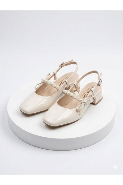 Pretty Girl Women's Pearl-Embellished Band Detailed White Patent Leather Daily Graduation and Wedding Dress Shoes - Women's Heeled Shoes (Heel Height 4cm)