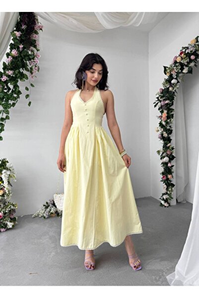 YURELİ Poplin Halter Yaka Midi Elbise