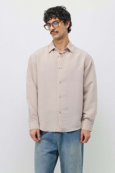 VAMOSCLO Thin Striped Modal Blend Oversize Shirt Light Beige