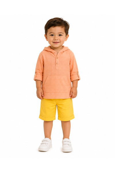 onymino Boy's Hooded Linen Textured Summer Shirt with Kangaroo Pocket