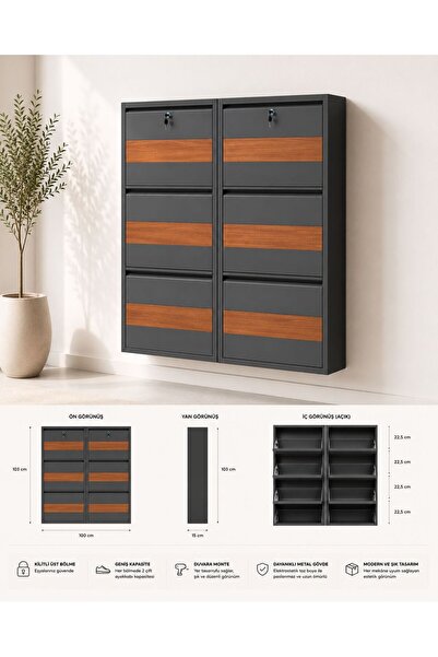 KARLI KİLİTLİ 3+3 AHŞAP DESENLİ ANTRASİT METAL AYAKKABILIK