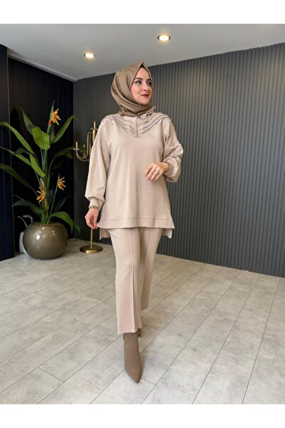 rusemoda Taş Detaylı Fermuarlı Pantolon Takım