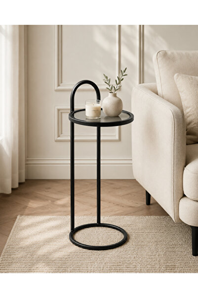 lowena home Siyah Statik Boyalı Metal Camlı Yuvarlak Yan Sehpa 31x65 cm Koltu...