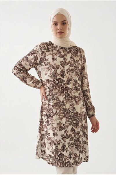 tuvadi Women's Brown Tile Patterned Viscose Tunic Shirt - Hijab Shirt, Button...