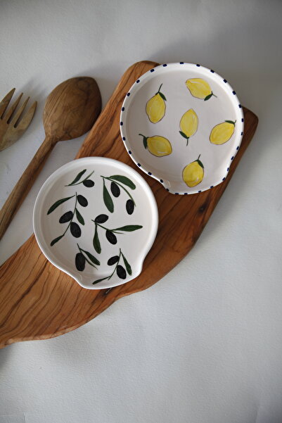 his ceramic Handmade 2-Piece Lemon and Olive Patterned Ceramic Dirty Spoon Co...