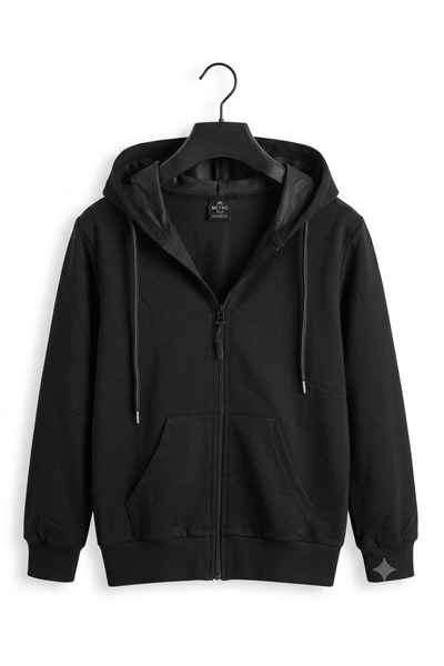 Mucki Kapüşonlu Basic Düz Okul Fermuarlı Sweatshirt Hırka