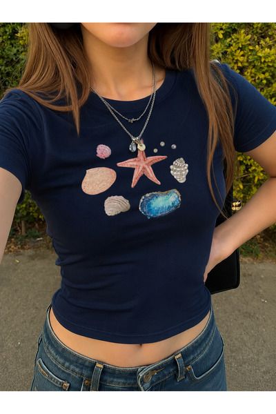 PALPİTO Women's Marine Style Printed Crew Neck Slim Crop Tshirt